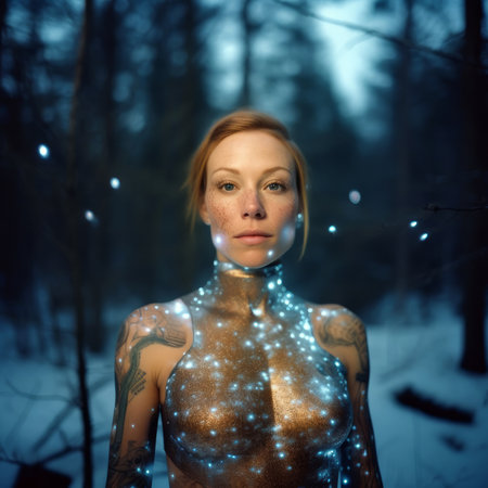 Portrait of a beautiful girl with tattoo on her body in the winter forestの素材