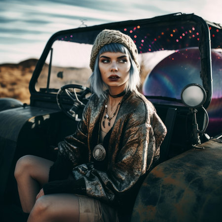 Beautiful hippie girl sitting on an old car in the desertの素材