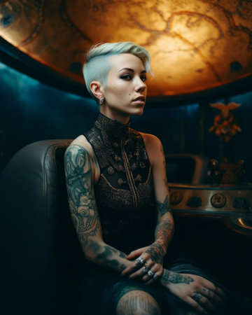 Fashion portrait of a beautiful blonde woman with tattoos on her arms.の素材