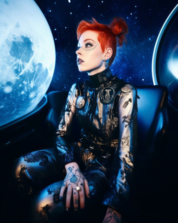 Fashion shot of a redhead woman in a futuristic space suit.の素材