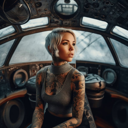 Beautiful blonde girl with tattoos on her arms and tattooed body sits in a helicopter.の素材