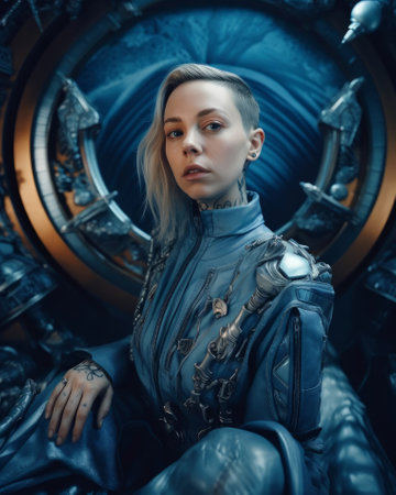 Portrait of a beautiful steampunk woman in futuristic space suit.の素材