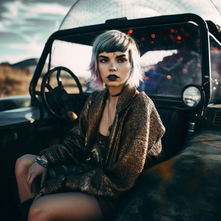 Fashion portrait of young beautiful woman with short hair in vintage car.の素材