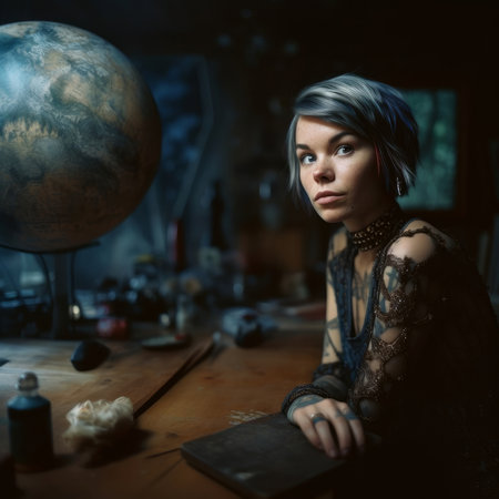 Portrait of a girl in a dark room with a globe.の素材
