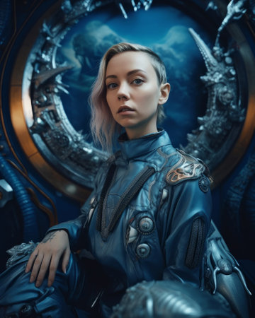Portrait of a female cosmonaut in a spacesuit. Science fiction.の素材