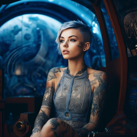 Beautiful young woman with tattoo on her arm sitting in an armchair.の素材