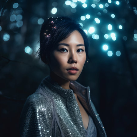 Beautiful asian woman in the night forest with lights on backgroundの素材