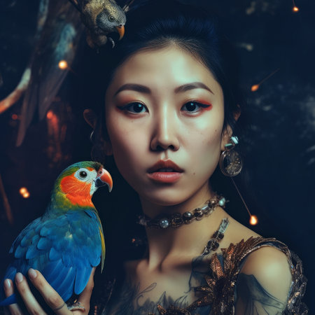 Portrait of beautiful asian woman with parrot on dark backgroundの素材