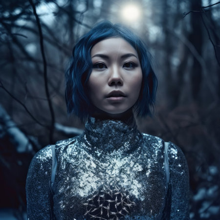 Fashion portrait of a beautiful asian woman in a winter forestの素材