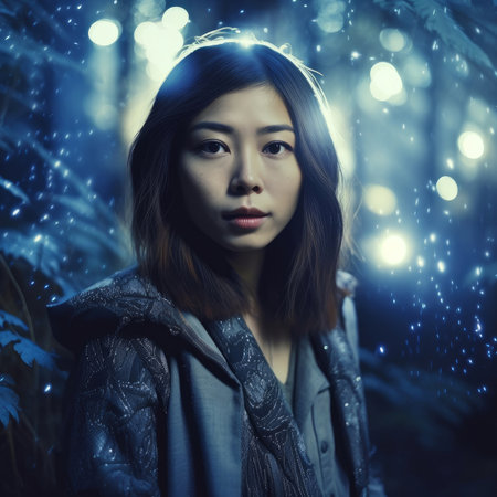 Beautiful asian woman in the forest at night with bokehの素材