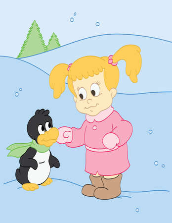 Girl and her Friend Penguinのイラスト素材