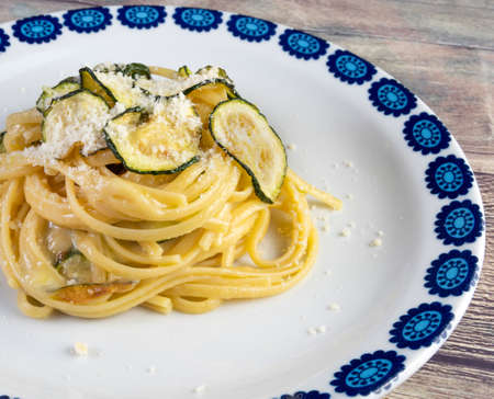 Linguine alla Nerano, typical of Nerano, is a Campania (Italy) dish that will captivate you. Fried zucchini, spaghetti and a typical cheese: Provolone del Monaco!の写真素材