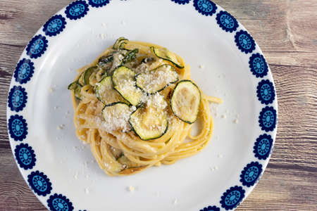 Linguine alla Nerano, typical of Nerano, is a Campania (Italy) dish that will captivate you. Fried zucchini, spaghetti and a typical cheese: Provolone del Monaco!の写真素材