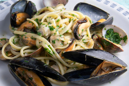 Spaghetti with mussels and clamsの写真素材