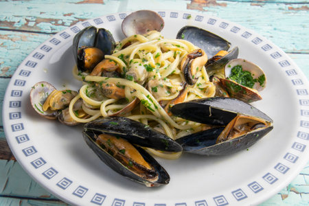 Spaghetti with mussels and clamsの写真素材
