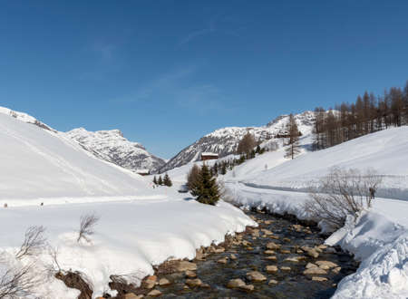 Panorama of Livigno (altitude 1816 m) in winter. Valtellina, Italyの写真素材