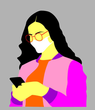 Young woman with protective mask on face looking at her cellphoneのイラスト素材