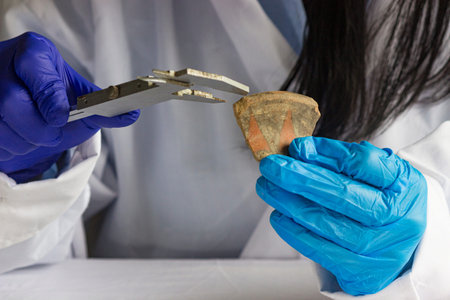 Curator and archaeologist taking the measurements of a ceramic fragment found in an archaeological findの写真素材