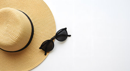 Stylish summer essentials: straw hat and sunglasses on a clean, white background, perfect for sun protection.の素材