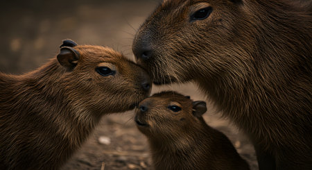 A heartwarming close-up of a capybara family, showcasing their gentle nature and close bond.の素材