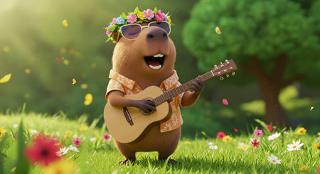 A cheerful capybara serenades a sunny field of wildflowers with its acoustic guitar and floral crown.の素材