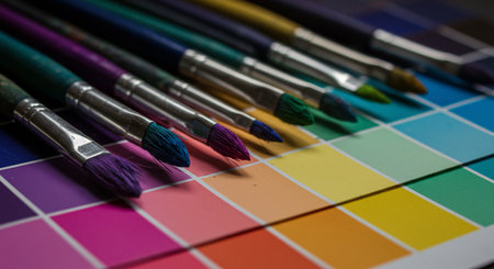 A set of paintbrushes with colorful bristles placed on a color palette, showcasing a spectrum of artistic possibilities.の素材