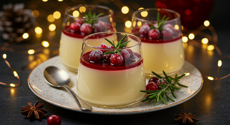 Holiday dessert panna cotta with cranberries, rosemary, star anise and string lights on plate with spoon on gray surface.の素材