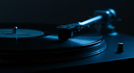Vintage turntable spinning a vinyl record under moody blue lighting. Nostalgic sound and classic design, evoking a retro vibe.の素材