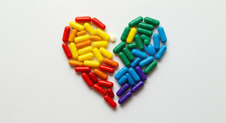 Colorful capsules arranged in a heart shape against a white background, symbolizing health, wellness, and pharmaceutical care.の素材