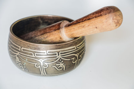 Ringing bowl with woodの写真素材