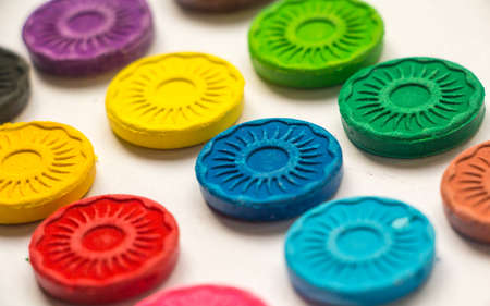 watercolors pans circles blue, green, yellow, red and violetの写真素材