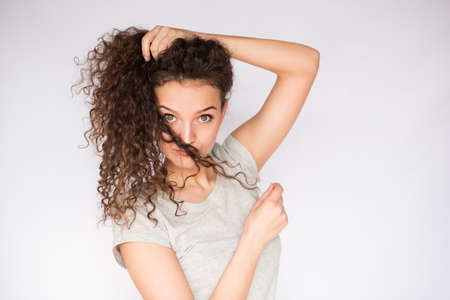 smile happy woman young curlsの写真素材