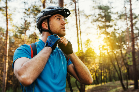 Bottom view close up portrait of serious and thoughtful rider close the protective helmet outdoors...