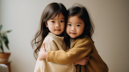 Siblings express love through a warm hug in a simple room.の素材