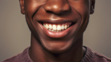 In a studio setting, a man beams with joy, revealing his perfect teeth against a clear beige backdrop.の素材