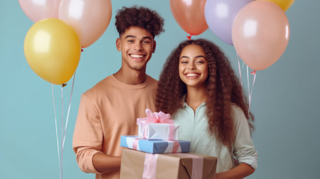 Couple smiling with a gift and colorful balloons against a clear pink backdrop in a studio.の素材