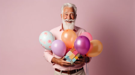 Elderly man poses with birthday surprise.の素材