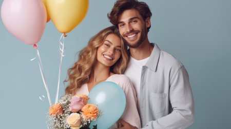 Young couple posing together with a birthday present and pastel balloons in a studio with a pink background.の素材