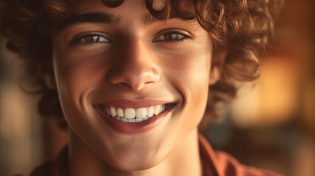 Beaming young boy stands against a beige background, showing off a bright smile.の素材