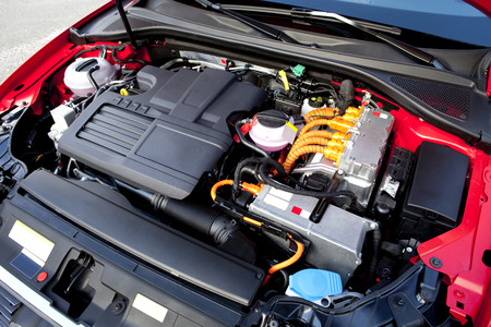 View of the engine of a modern hybrid car.の写真素材