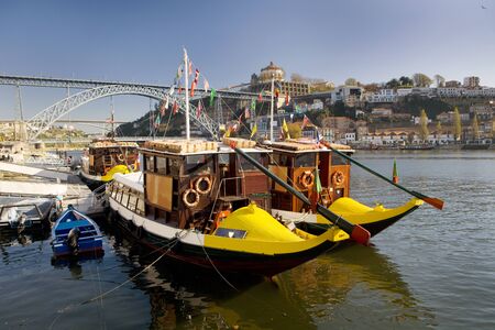 Traditional boats on Douro River in Porto, Portugal,の写真素材
