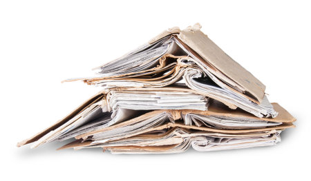 Chaotic Stacked And One Open Old Files Isolated On White Background