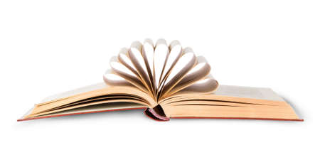 Open book with folded pages isolated on white backgroundの写真素材