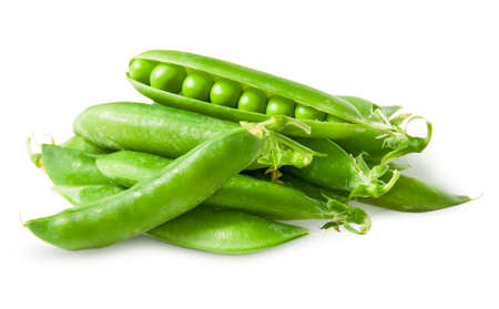 Pile closed pea pods and one open isolated on white backgroundの写真素材