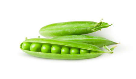 Three green peas in pods rotated isolated on white backgroundの写真素材