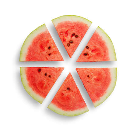 Watermelon cut into six segments isolated on white backgroundの写真素材