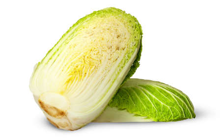 Two half Chinese cabbage on each other isolated on white backgroundの写真素材