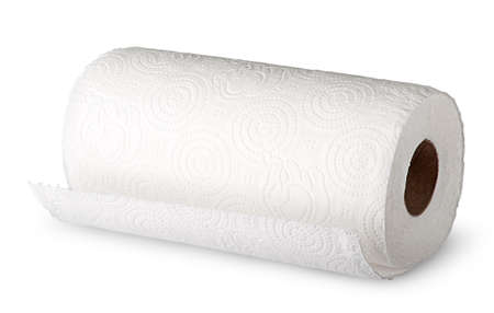 Roll white paper towels horizontally isolated on white backgroundの写真素材