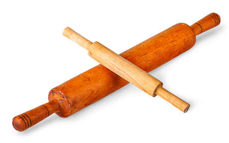Small and large rolling pin crosswise isolated on white backgroundの写真素材