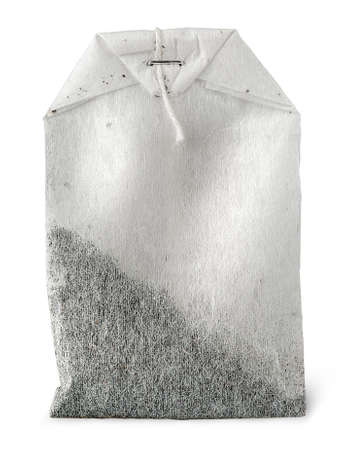 In front single tea bag with thread isolated on white backgroundの写真素材